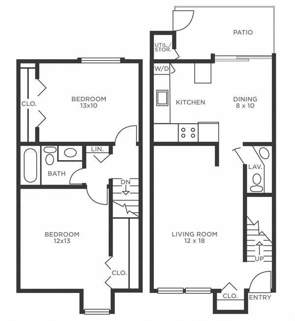Floor plan for 2 beds, 1.5 baths, 936 sqft